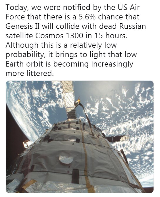 ВВС США опасаются столкновения спутника Genesis II с неработающим советским спутником «Космос-1300»