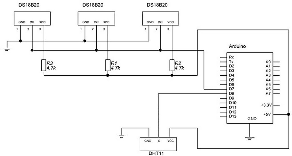 Схема подключения датчиков температуры DS 18B20 